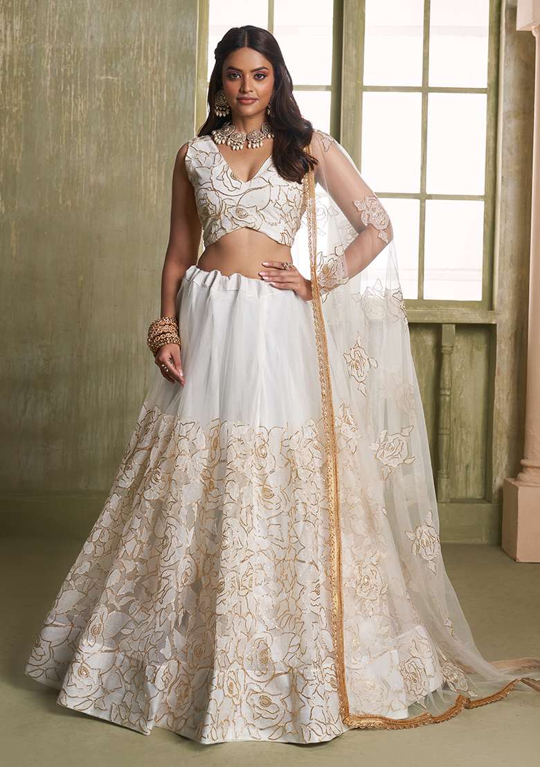 White Net Lehenga Set with Embroidery for Diwali | Wedding & Festive Wear - Indya