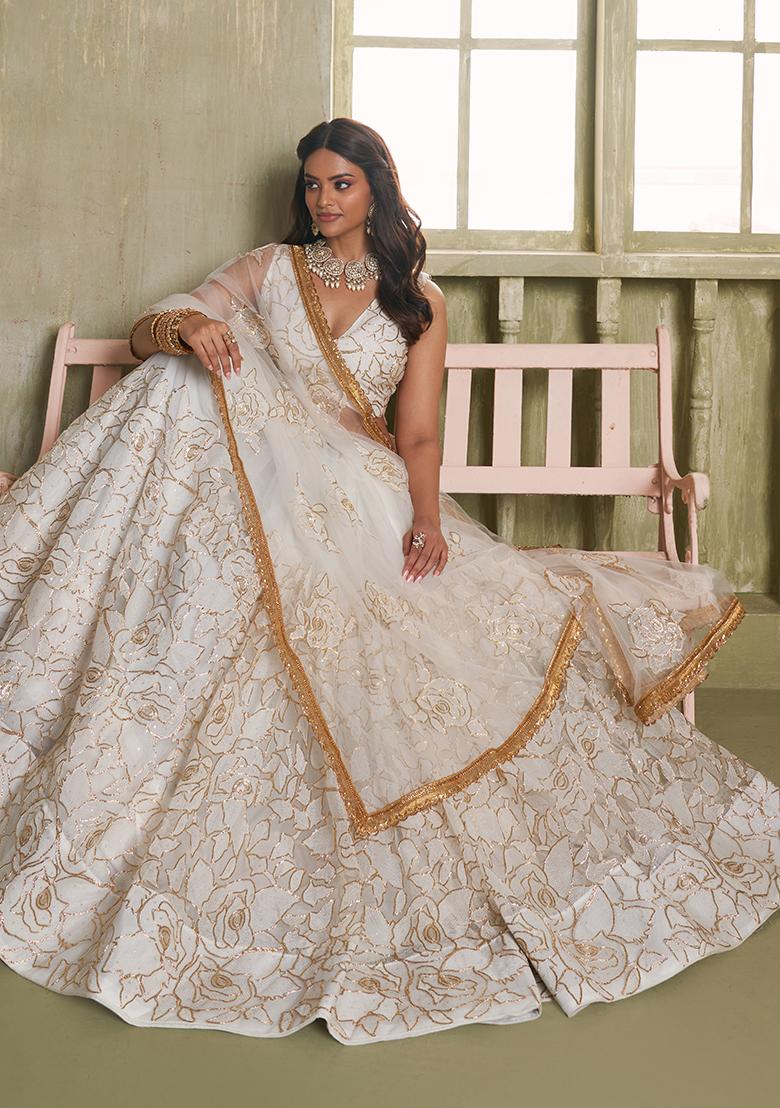 White Embroidery Net Lehenga Set - Indya