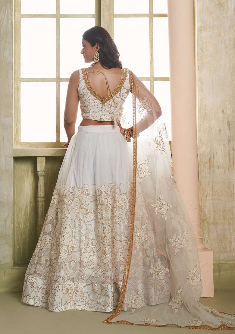 White Net Lehenga Set with Embroidery for Diwali | Wedding & Festive Wear - Indya