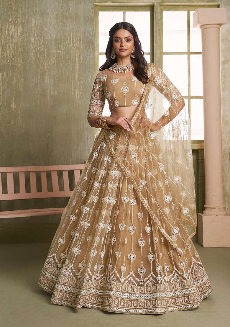 Chiku Embroidery Net Lehenga Set for Diwali and Festive Wear - Indya