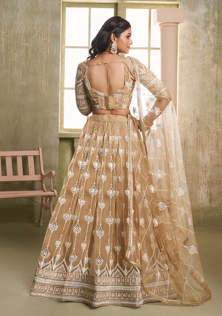 Chiku Embroidery Net Lehenga Set for Diwali and Festive Wear - Indya