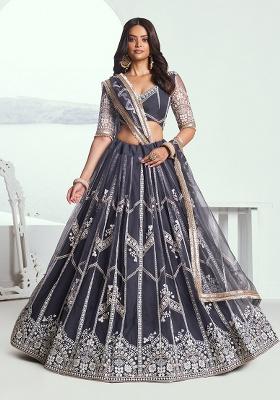 Dark Grey Embroidery Net Lehenga Set
