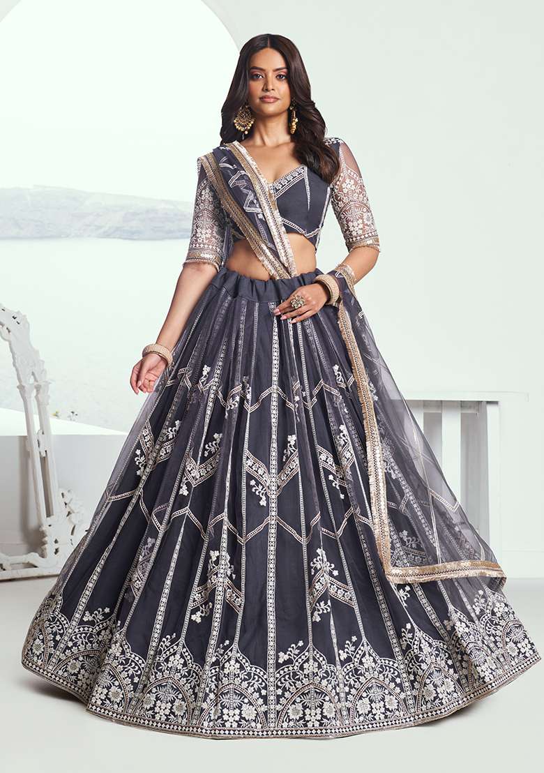 Dark Grey Embroidery Net Lehenga Set for Diwali and Festive Wear - Indya