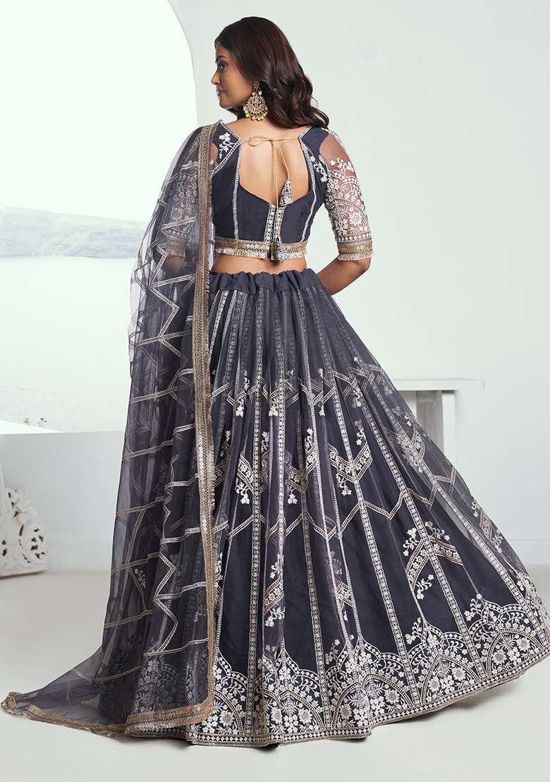 Dark Grey Embroidery Net Lehenga Set for Diwali and Festive Wear - Indya