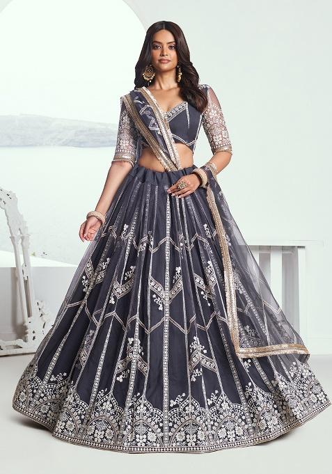 Dark Grey Embroidery Net Lehenga Set