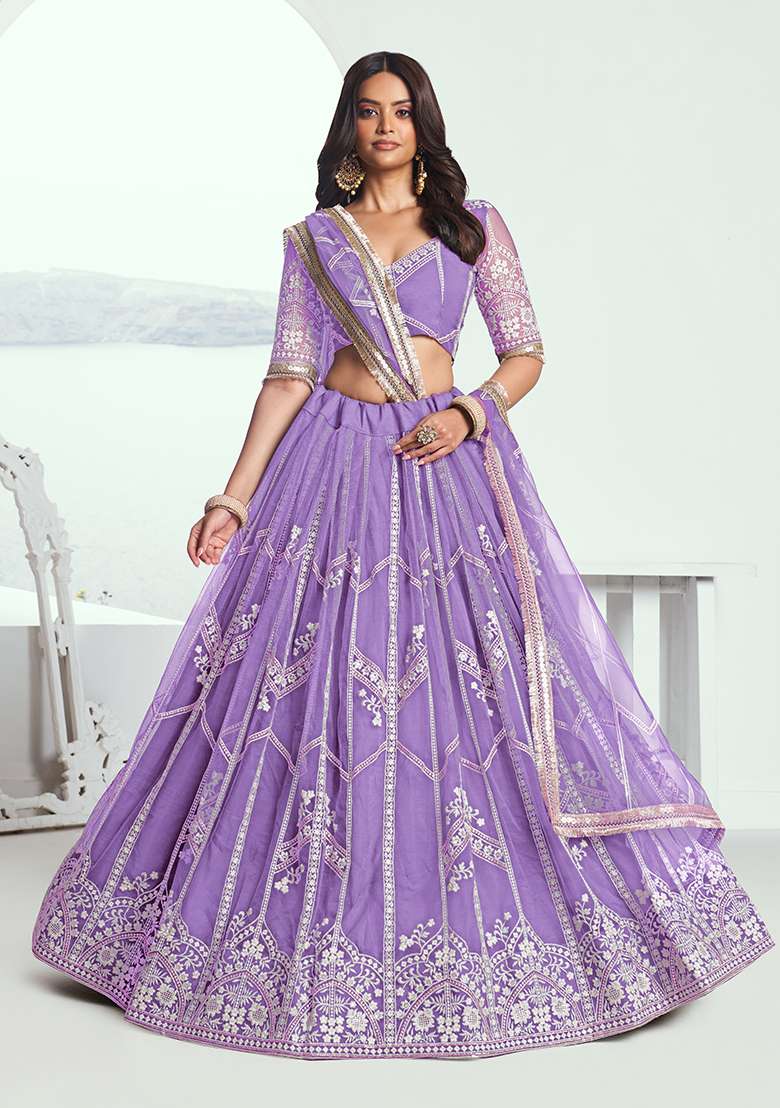 Lavender Net Lehenga Set with Embroidery for Diwali | Wedding & Festive Wear - Indya