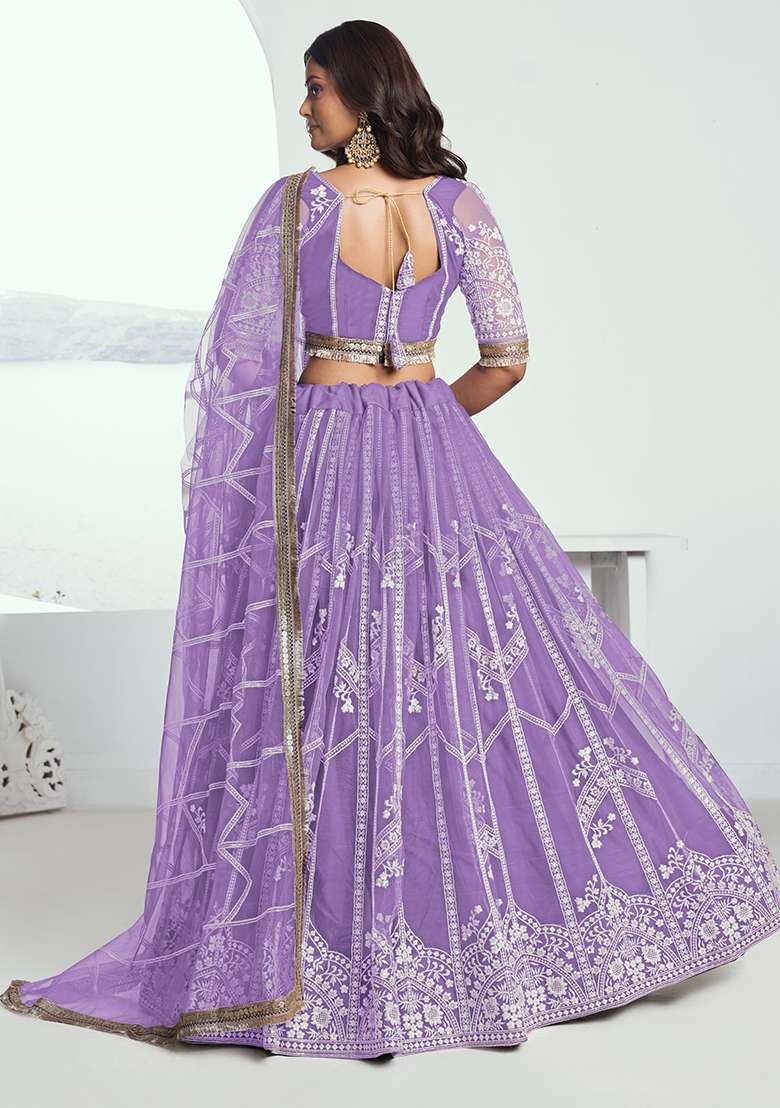 Lavender Net Lehenga Set with Embroidery for Diwali | Wedding & Festive Wear - Indya