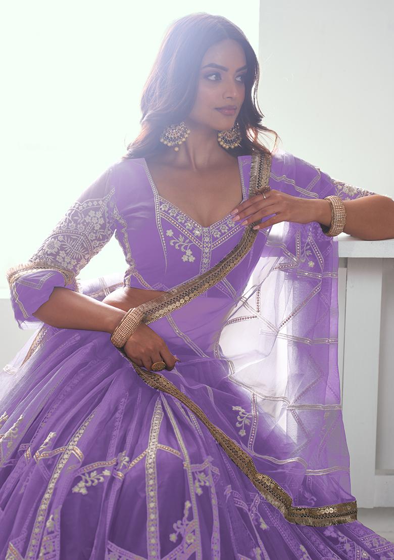 Lavender Embroidery Net Lehenga Set - Indya