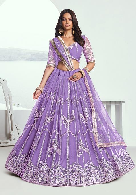 Lavender Embroidery Net Lehenga Set