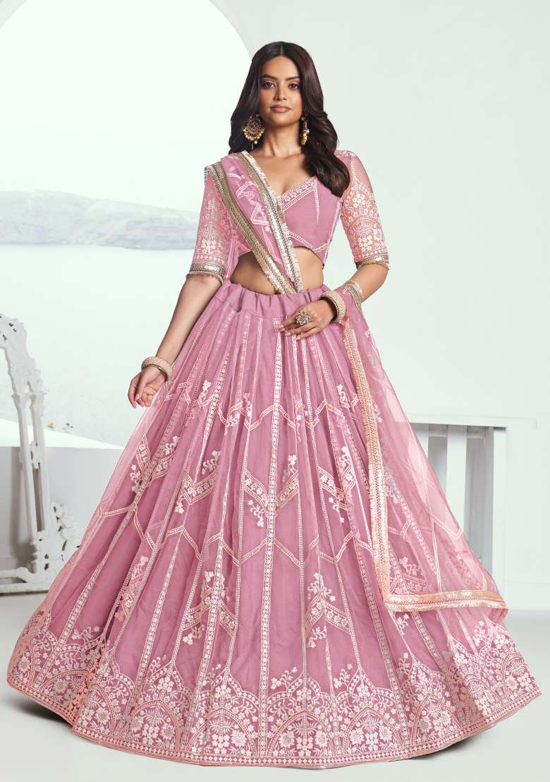 Pink Net Lehenga Set with Embroidery for Diwali | Wedding & Festive Wear - Indya
