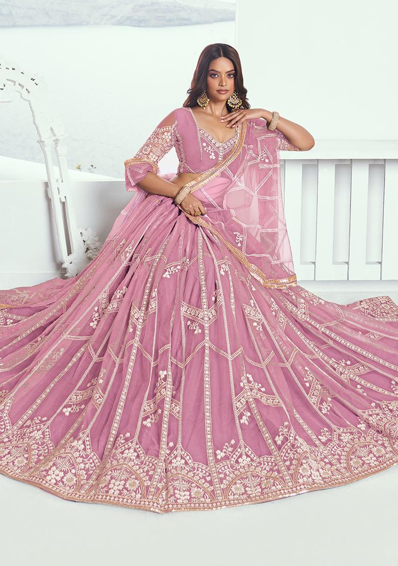 Pink Embroidery Net Lehenga Set - Indya