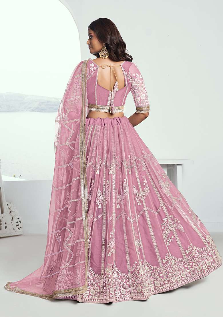 Pink Net Lehenga Set with Embroidery for Diwali | Wedding & Festive Wear - Indya