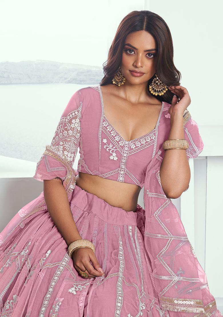 Pink Embroidery Net Lehenga Set - Indya