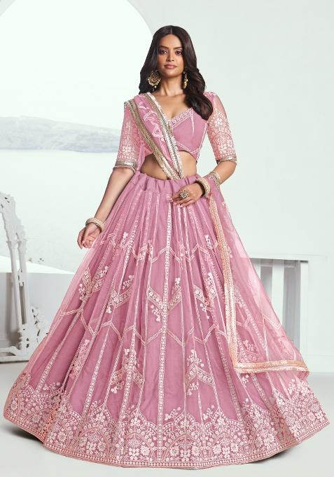 Pink Embroidery Net Lehenga Set