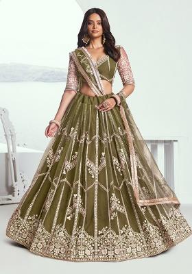 Mehandi Green Embroidery Net Lehenga Set