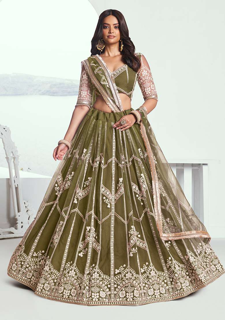 Mehandi Green Net Lehenga Set with Embroidery for Diwali | Wedding & Festive Wear - Indya
