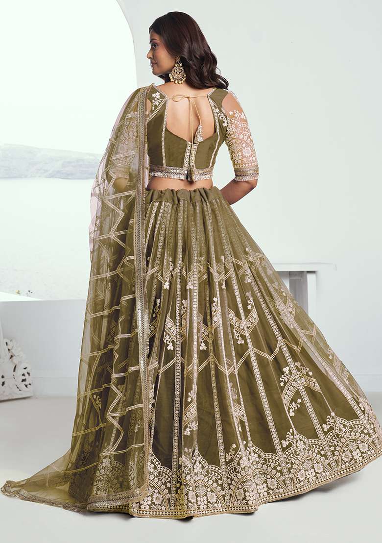 Mehandi Green Net Lehenga Set with Embroidery for Diwali | Wedding & Festive Wear - Indya