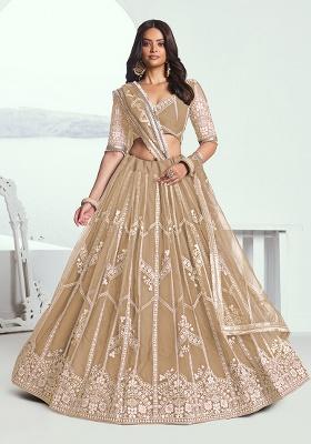 Beige Chiku Embroidery Net Lehenga Set