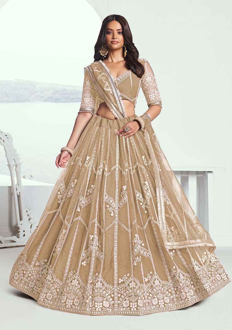 Beige Chiku Net Lehenga Set with Embroidery for Diwali | Wedding & Festive Wear - Indya