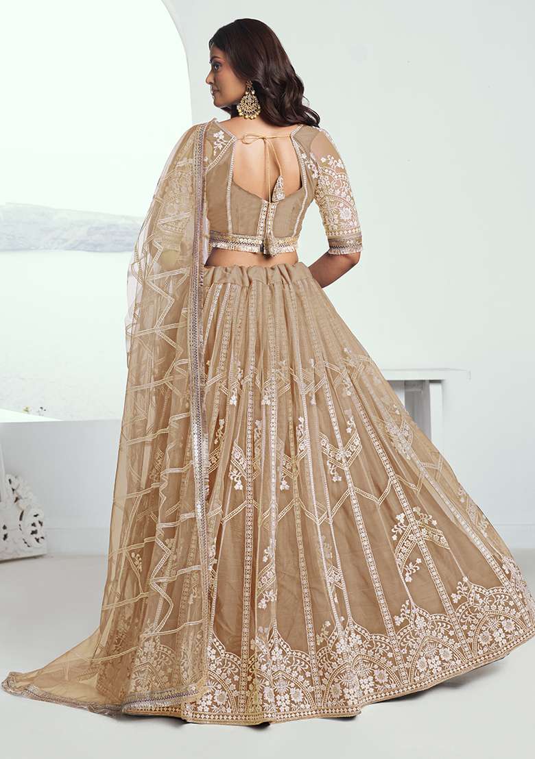 Beige Chiku Net Lehenga Set with Embroidery for Diwali | Wedding & Festive Wear - Indya