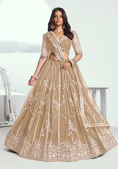 Beige Chiku Embroidery Net Lehenga Set