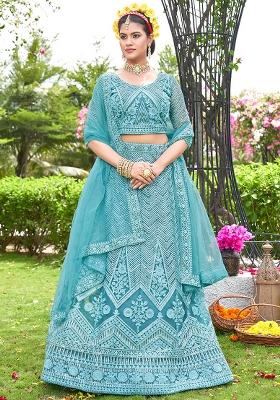 Sky Blue Embroidery Net Lehenga Set