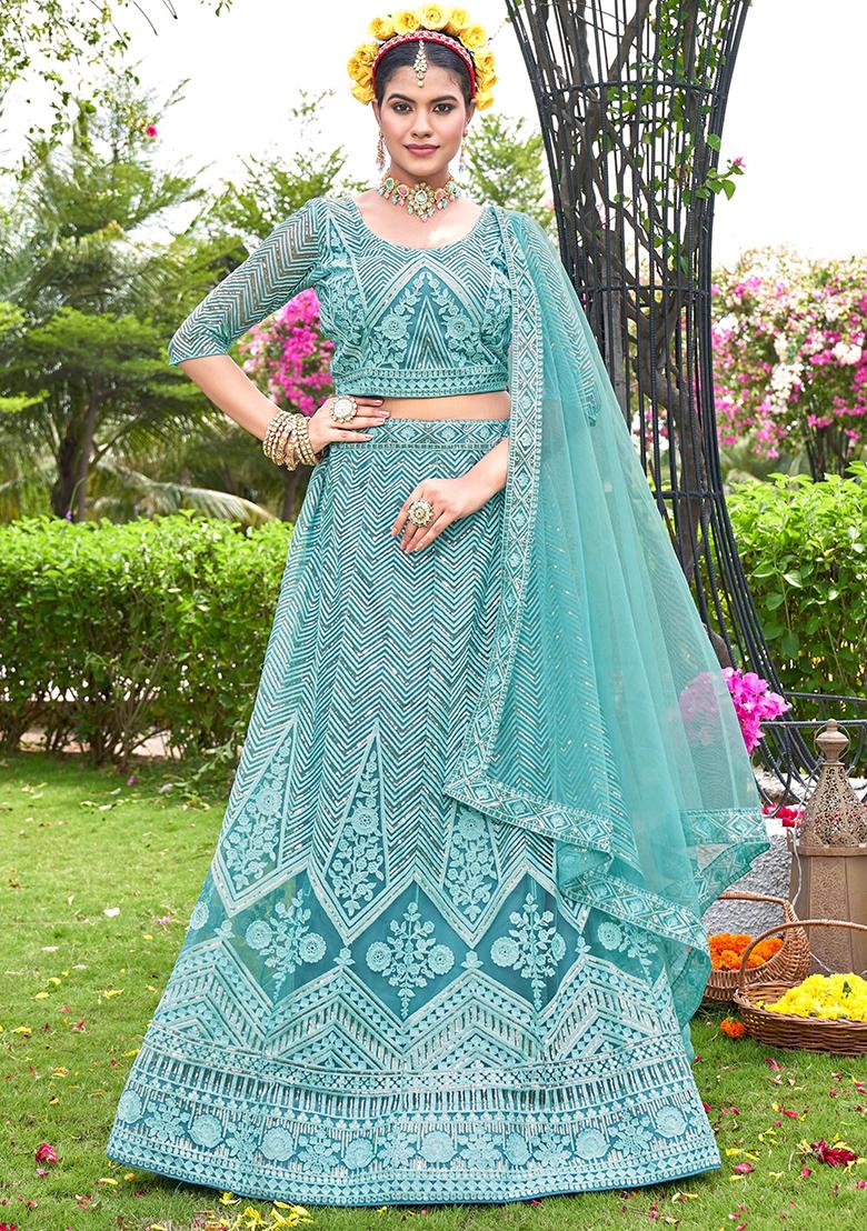 Sky Blue Embroidery Net Lehenga Set - Indya