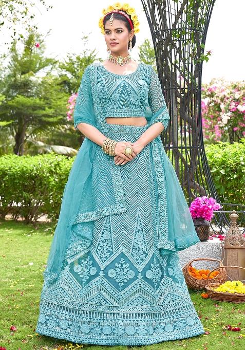 Sky Blue Embroidery Net Lehenga Set