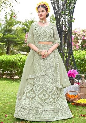 Mehendi Embroidery Net Lehenga Set