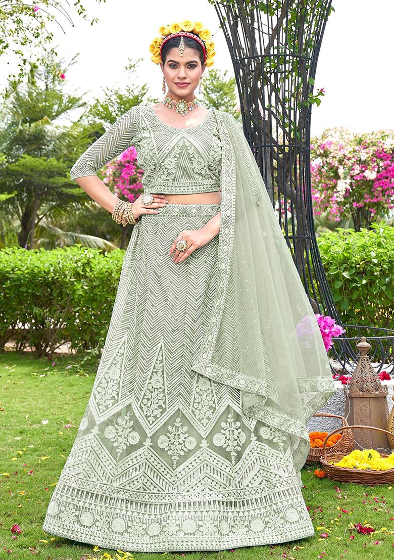 Mehendi Embroidery Net Lehenga Set - Indya