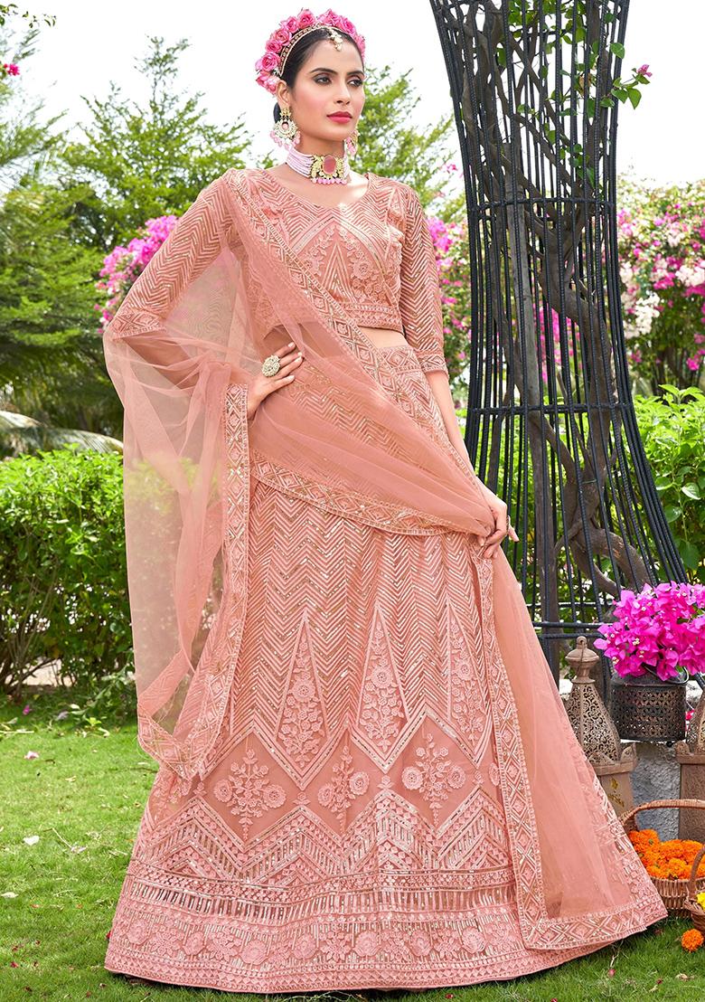 Peach Embroidery Net Lehenga Set - Indya