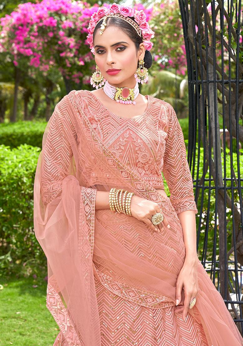 Peach Embroidery Net Lehenga Set - Indya