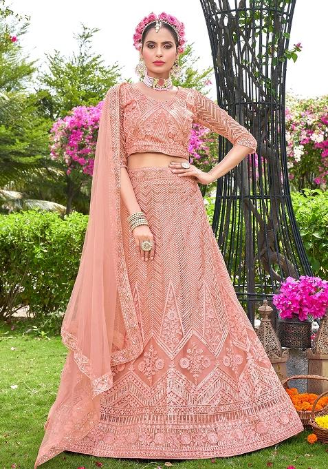 Peach Embroidery Net Lehenga Set