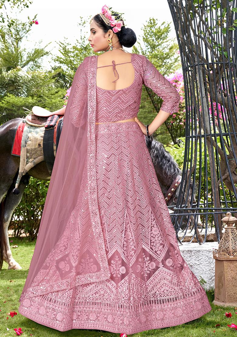 Dusty Rose Embroidery Net Lehenga Set - Indya