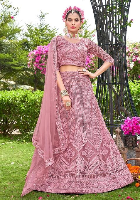 Dusty Rose Embroidery Net Lehenga Set