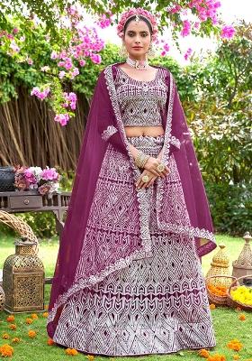 Wine Embroidery Net Lehenga Set