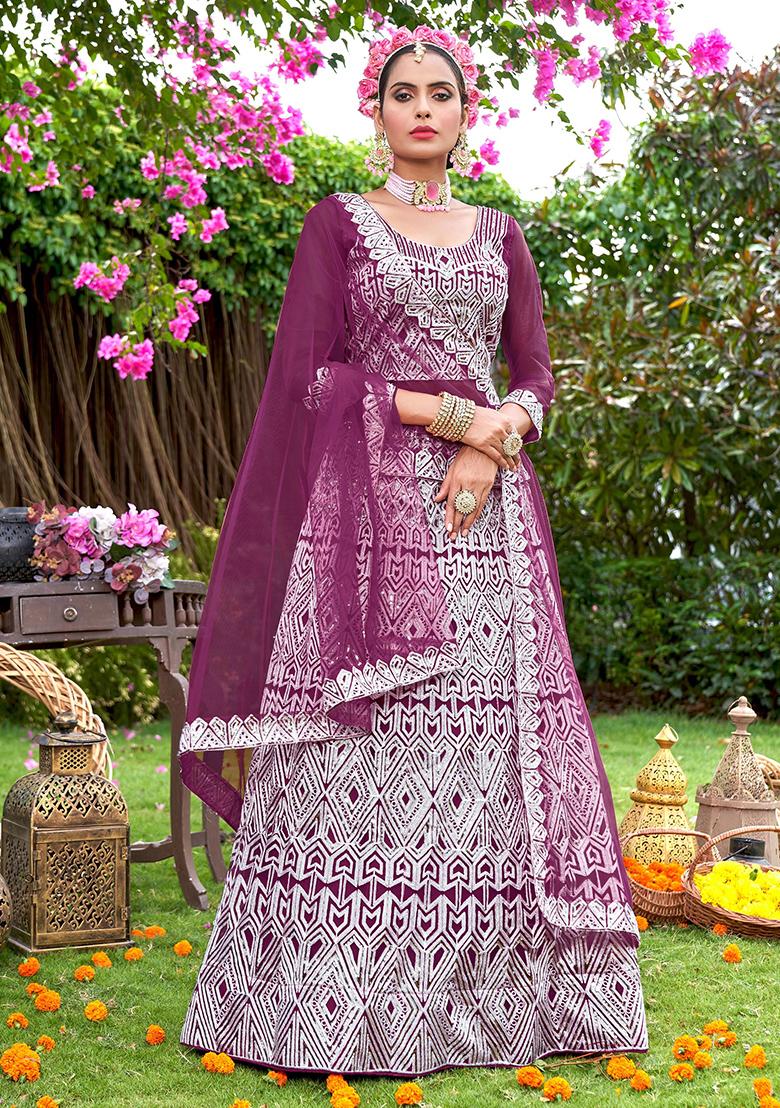 Wine Embroidery Net Lehenga Set - Indya