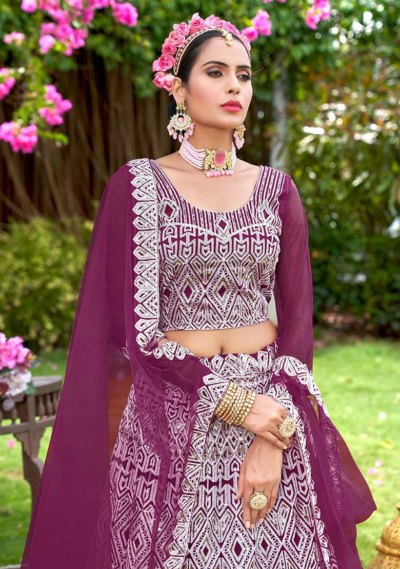 Wine Embroidery Net Lehenga Set - Indya