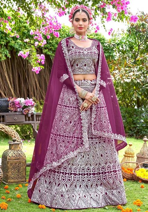 Wine Embroidery Net Lehenga Set