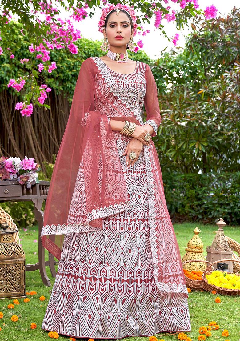 Dusty Rose Embroidery Net Lehenga Set - Indya