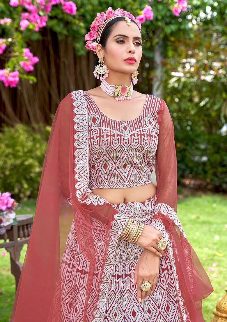 Dusty Rose Embroidery Net Lehenga Set - Indya