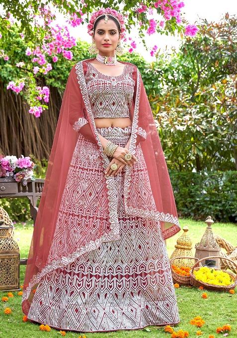 Dusty Rose Embroidery Net Lehenga Set