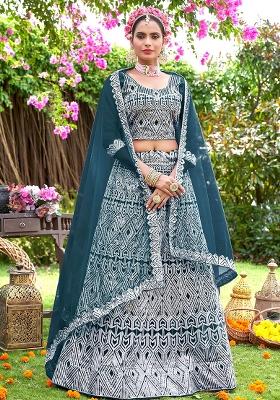 Teal Blue Embroidery Net Lehenga Set