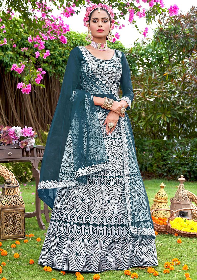 Teal Blue Embroidery Net Lehenga Set - Indya