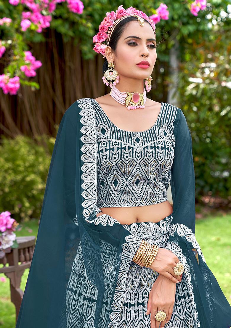 Teal Blue Embroidery Net Lehenga Set - Indya