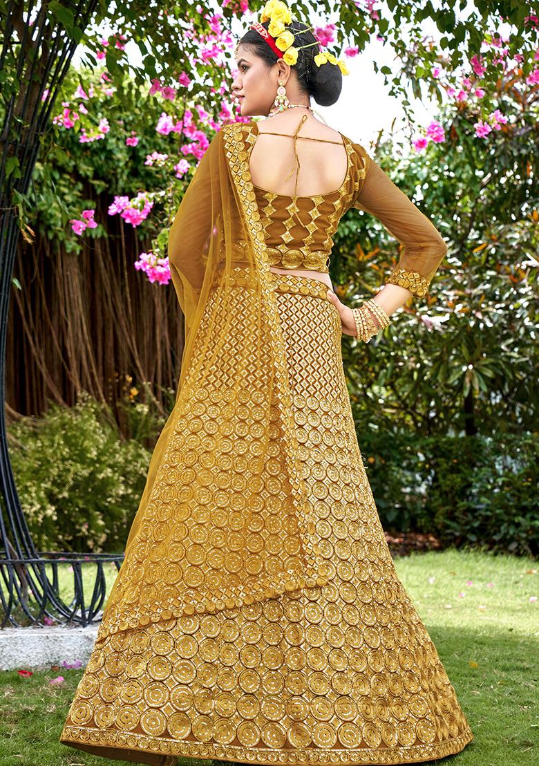 Yellow Embroidery Net Lehenga Set - Indya