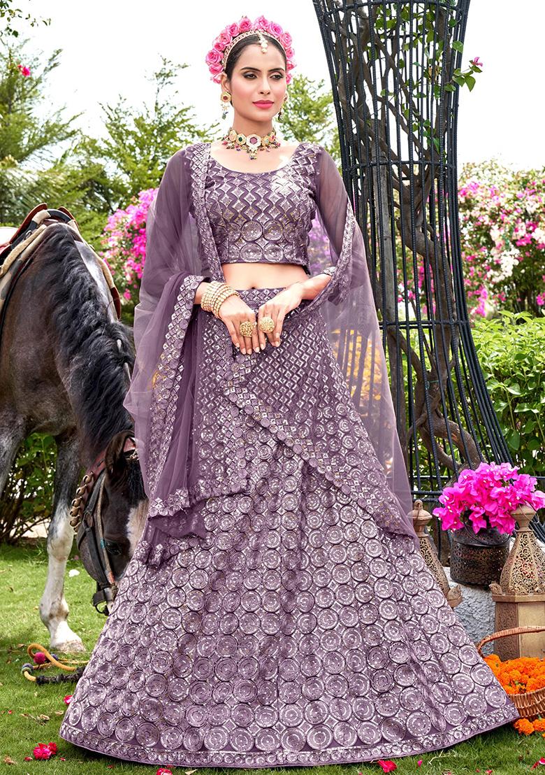 Lavender Embroidery Net Lehenga Set - Indya