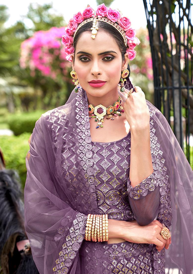 Lavender Embroidery Net Lehenga Set - Indya