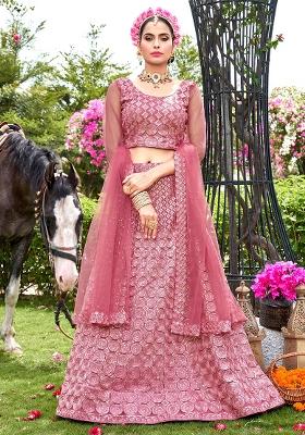Peach Embroidery Net Lehenga Set