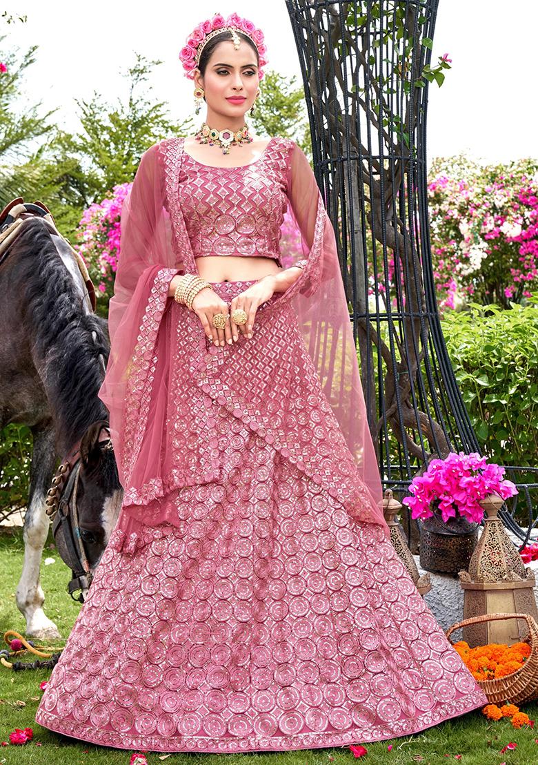 Peach Embroidery Net Lehenga Set - Indya